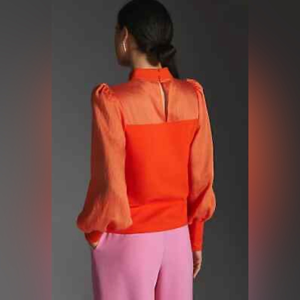 Anthropologie Flat White Orange Bishop Sleeve Blouse Size Medium - Picture 3 of 6